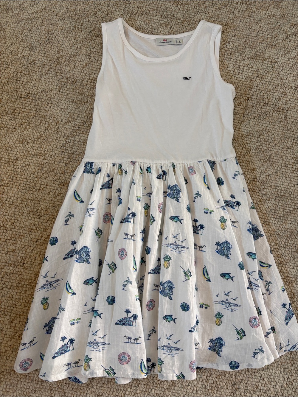 Girl’s Vineyard Vines White Tank Dress with Coastal Print Skirt, size 14